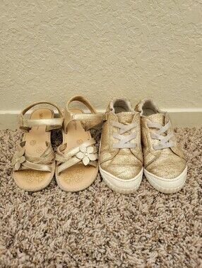 Kids Gold Flower Sandals & Glitter Sneakers Duo